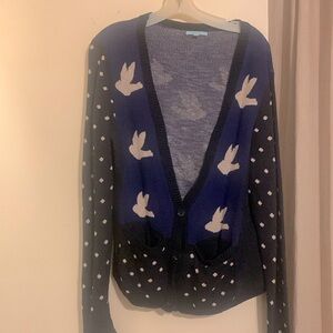 Anthropologie bird, polka dot, ruffle cardigan size XL